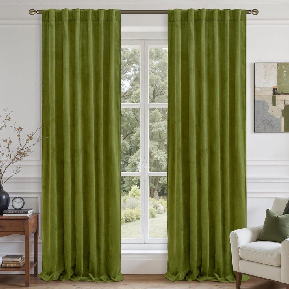 Set of 2 Curtain Panels, 52"W x 84"L Velvet Blackout Curtains (Moss Green)